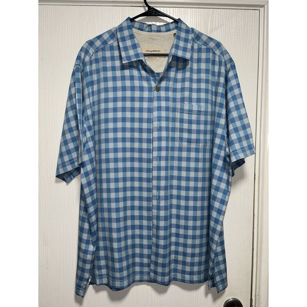 TOMMY BAHAMA Light Blue Plaid Collared Shirt‎ Men XL Button Pocket